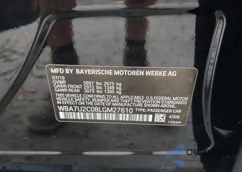 2020 BMW 750I xDrive z USA, uszkodzony, nr VIN WBA7U2C08LGM27610